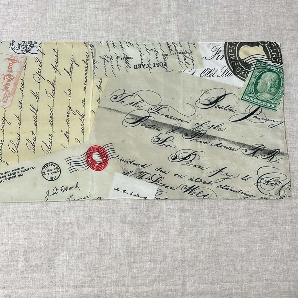 100% silk scarf with mail, stamps, letter design. Size: 10 inch x 51 inch - Picture 5 of 5